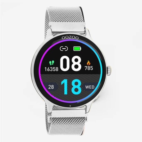 Q00135 Zilverkleurige OOZOO smartwatch met zilverkleurige metalen mesh armband €89,98