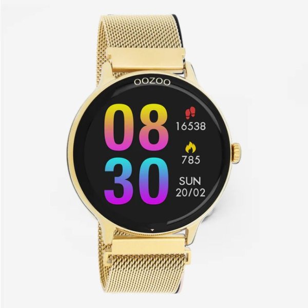 Q00136 Goudkleurige OOZOO smartwatch met goudkleurige metalen mesh armband €89,95