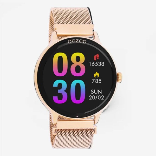 Q00138 Rosé goudkleurige OOZOO smartwatch met rosé goudkleurige metalen mesh armband €89,95