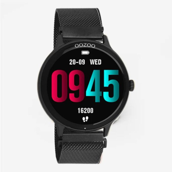 Q00139Zwarte OOZOO smartwatch met zwarte metalen mesh armband  €89,95 